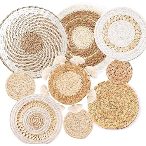 9 Pack Boho Wall Basket Set, hanging Woven Wall Basket Decor, Seagrass Rattan Wicker Boho Wall Decor, Eco-Friendly Round Art for Farmhouse Bedroom Living Room Display Table Settings Kitchen Home