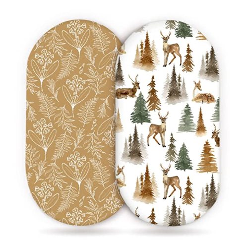 GRSSDER Stretchy Ultra Soft Fitted Bassinet Sheet Set 2 Pack, Universal Fit for Bassinets Baby Cradle Moses Basket Oval Rectangle Mattress, Stylish Jungle Deer Bassinet Sheets for Girls and Boys