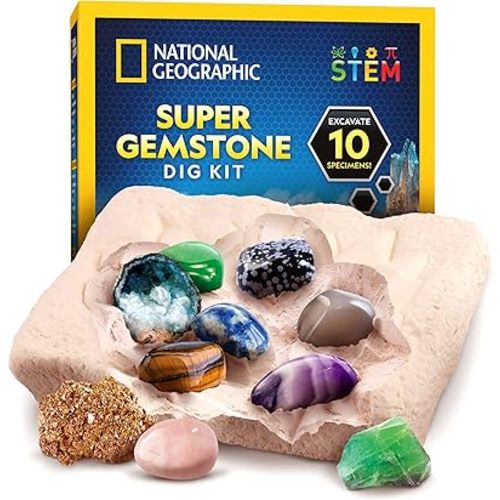 National Geographic Gemstone Dig Kit – Dig Up 10 Real Gemstones and Crystals, Science Kit for Kids, Gem Digging Kit, Gift for Girls and Boys, Mining Kit, Rock Collection