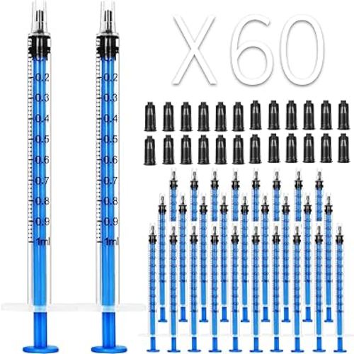 60Pack 1ml Plastic Syringes Separate Sterile Packaging Syringe Without Needle with Caps,Suitable for Scientific Labs Measurement, Measuring, Dispensing, Watering, Refilling (60 Pack 1ml)