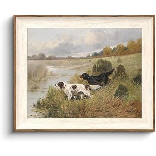 KISSFOX Framed Wall Art Vintage Wall Decor Landscape Canvas Art Countryside Pictures Dog Hunting Paintings Farmhouse Artwork For Living Room Bedroom Bathroom Kitchen