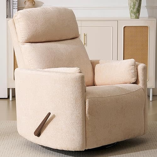 Oversized Swivel Rocker Recliner with Massage and Heat, 26" Swivel Nursery Recliner With Adjustable Headrest, Manual Rocker Recliner Chair with Two Removable Pillows, High Back Barrel Armchair, Beige