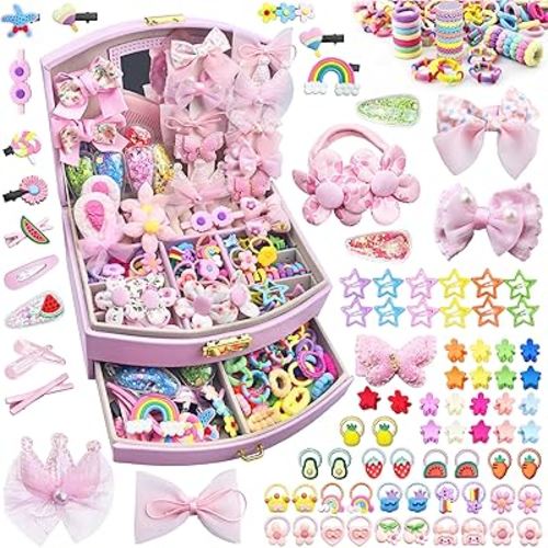 252 Pcs Hair Accessories for Girls, Back to School Hair Accessory Gift Hair Stuff Including Jewlry Box,Hair Clips,Hair Barrettes,Hair Ties,Hair Bows for Little One Teen Age 3-12