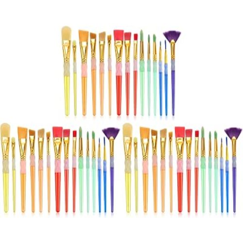 15Pcs Paint Brushes Value Pack, Includes 15 Different Types of Brushes, Nylon Colorful Hair with Silicone Crystal Penholder, Prefect Works with Oil, Acrylic and Watercolor Painting (Pack of 3)