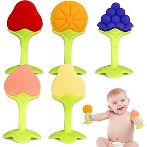 Chuya Lot de 5 jouets de dentition en silicone pour bébé de 3 à 6 mois, 6 à 12 mois, molaires, gel de dentition, facile à nettoyer - Fruits (lot de 5)