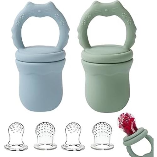 Socub 2 Pack Silicone Baby Fresh Fruit Food Feeder Pacifier with 3 Different Size Silicone Pouch for Teething Relief, Baby Frozen Feeder Teether Toy for 3, 6-12 Months, BPA Free (Sage, Ether)