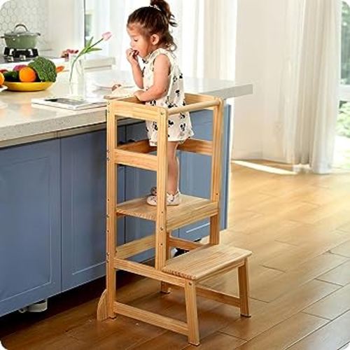 Height Adjustable Kitchen Step Stool for Toddlers, Kids Montessori Learning Stool, Baby Standing Tower for Counter, Children Standing Helper (Natural)