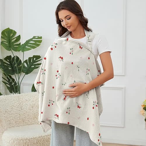 Muslin Nursing Cover for Baby Breastfeeding, Breathable 100% Cotton Breastfeeding Cover with Rigid Hoop for Mother Nursing Apron (Strawberry Whisper)