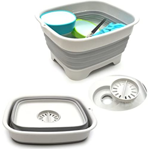SAMMART 9.1L (2.4Gallon) Collapsible Dishpan with Draining Plug - Foldable Indoor Outdoor Washing Basin - Portable Dish Washing Tub - Space Saving Kitchen Storage Tray (1, Grey)