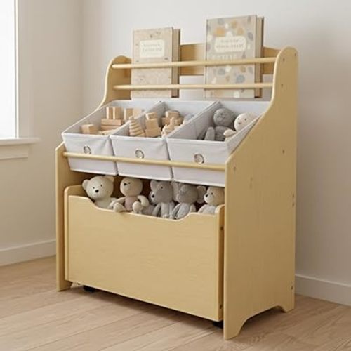 Humble Crew 3-in-1 Kids Bookshelf and Toy Storage Organizer, Natural/White - Toddler Organizers with Rolling Toy Box and 3 Fabric Bins – Sturdy Baby Book Shelf, Perfect for Nursery and Playroom