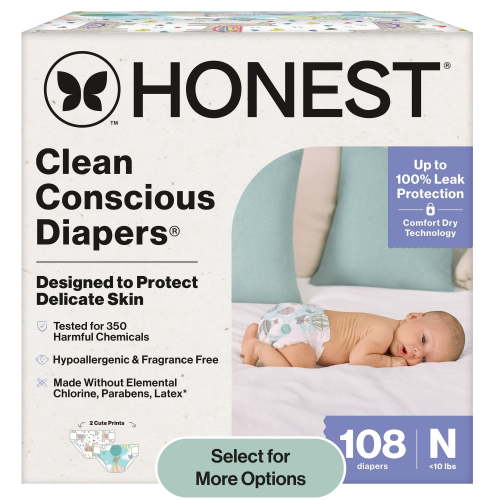 The Honest Company Clean Conscious Baby Diapers Size Newborn (<10 lbs) Plant Based Hypoallergenic 108 Count