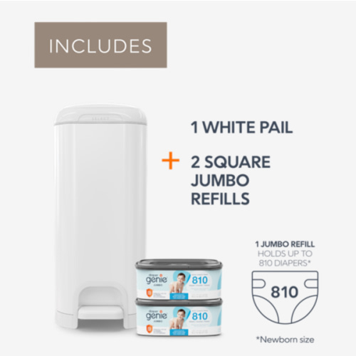 Diaper Genie Select Pail Registry Gift Set (White) | Made of Durable Stainless Steel Metal | Includes 2 Jumbo Refills | Holds 1620 Newborn Diapers