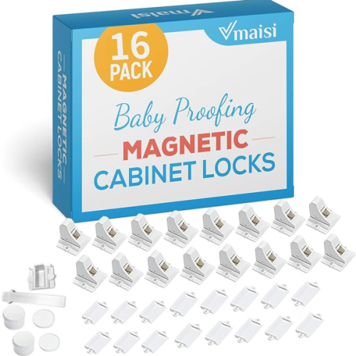 16 Pack Child Safety Magnetic Cabinet Locks - Vmaisi Children Proof Cupboard Baby Locks Latches - Adhesive for Cabinets & Drawers and Screws Fixed for Protection