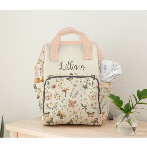 Personalized Baby Girl Diaper Bag Backpack: Butterfly Wildflower Design