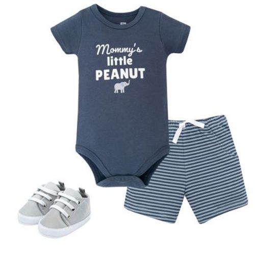 Hudson Baby Boy Cotton Bodysuit, Shorts and Shoe Set, Blue Elephant Peanut, 6-9 Months