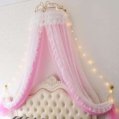 Girl Bed Curtain Princess Crown Room Decor Bedside Yarn Net Romantic Princess Tents Bed Canopy Valance (Pink)