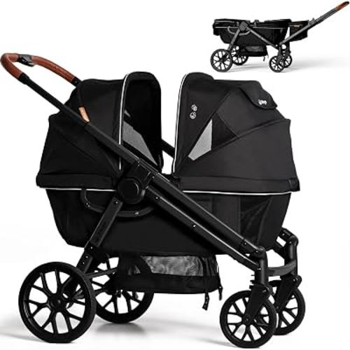 Weego Lightweight Wagon Stroller for 2 Kids, Foldable All-Terrain, Black | Double stroller wagon with removable canopy, adjustable push-pull handle, snack tray, cup holders and storage basket.