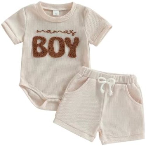 Douhoow Baby Boy Summer Outfits Short Sleeve Mamas Boy Little Dude Embroidery Boy Romper Shorts Set Infant Waffle Clothes