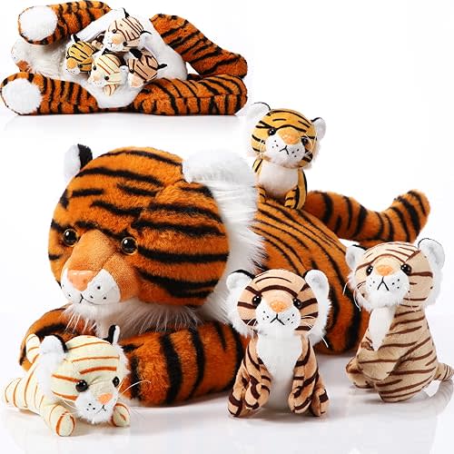 Threan 5 Pcs Tiger Stuffed Animals Plush Toy Set 16 Inch Stuffed Mommy Tiger with 4 Baby Cubs in Zippered Belly Cuddly Plushies for Kids Boys Girls Graduation Forest Birthday Gifts Party Favor(Cute)