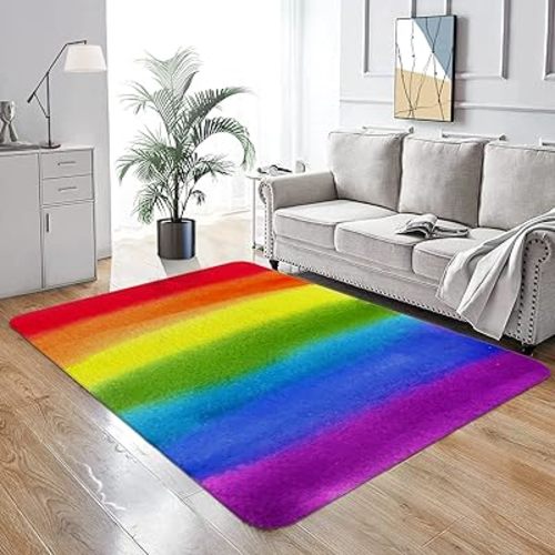 Watercolor Rainbow Area Rug Ultra Soft Faux Wool Throw Rugs Non-Slip Area Rugs Floor Carpet Cover for Living Room Bedrooms Decor 4' x 6'