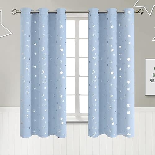 BGment Nursery Curtains for Boys Bedroom, Star and Moon Blackout Curtains for Kids Room, Girls Thermal Insulated Room Darkening Window Curtains Drapes with Grommet 63 Inch Long, Spa Blue, 42 Wide