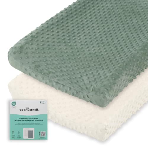 The Peanutshell Minky Dot Diaper Changing Pad Cover - Ultra Soft Baby Mat Cover for Boys & Girls, Fits 16” x 32” Changing Table Pads - Sage, 2 Pack