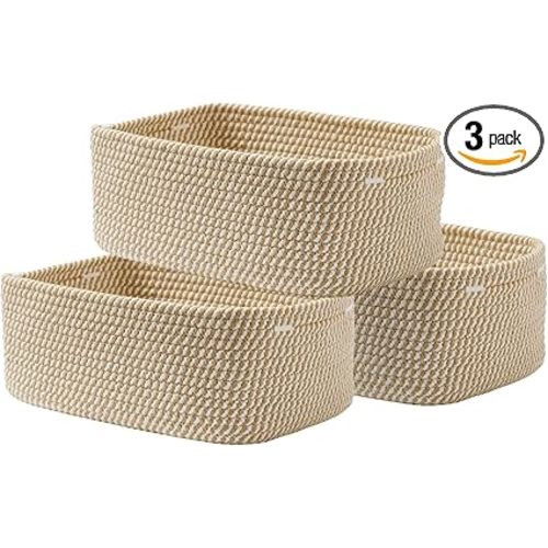 KALLAX Small Woven Basket, 13.5 x 9.5 x 5 Inches, Storage Basket for Organizing, Cute Small Rope Shelf Closet Cube Storage Bins Baskets for Shelves, Dog Toy Gift Baskets Empty, 3 Pack Brown