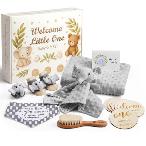 Lictin Baby Gift Set, 14PCS Neutral Newborn Gift Basket, Blanket, Milestone Cards, Plush, Rattle Socks