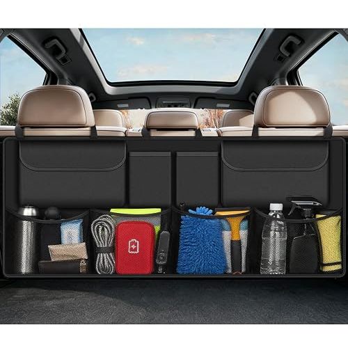 Car Trunk Organizer, Large Capacity Backseat Trunk Storage Organizer with 8 Pockets, Foldable SUV Cargo Organizer for SUV, Truck, Van & MPV, Black