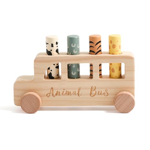 Wooden Pop Up Toys for Babies | STEM Montessori Toys Color Animal Bus for Toddlers | Preschool Learning Toddler Educational Gifts for Kids Boys Girls | Baby Toy Games