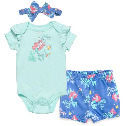Disney Princess Ariel Belle Tiana Baby Girls Bodysuit Bubble Shorts and Headband 3 Piece Outfit Set Newborn to Infant