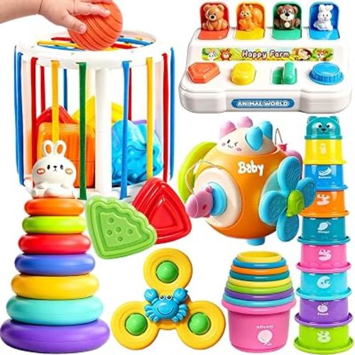 6 in 1 Baby Toys Montessori Toys for 1 Year Old Boys Girls 1st Birthday Gifts, Multi Sensory Shape & Stacking Toys Toys for Babies Early Educational Baby Travel Toys for Toddler Age 1-3