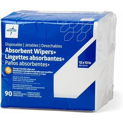 Medline Absorbent Wipers+ Disposable Heavy Duty Dry Wipes, 12" x 13" (90 Count)