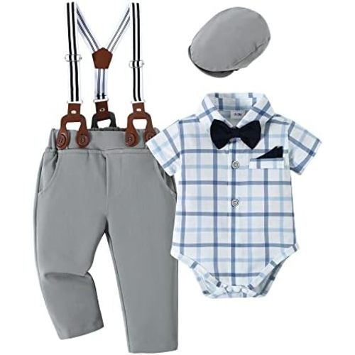 nilikastta Baby Boy Wedding Outfits Infant Baby Boy Clothes Suit Dress Shirts/Suspender Pants/Bowtie/Beret Hat 0-18M