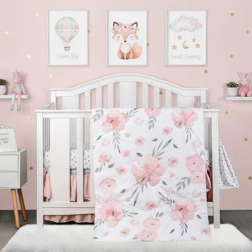 Dreamy Floral Crib Set, Crib Bedding Set, Baby Bedding Set for Girls, Girl Nursery Bedding Includes Crib Blanket, Skirt, Sheet & Diaper Bag