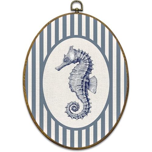 Mcehtle Coastal Beach Sea Turtle Wall Art Decor, Ocean Beach Nursery Framed Canvas Prints 8.6x11.4, Ocean Sea Turtle Striped Oval Wall Hanging Artwork Decorations for Kids Nursery Room Bedroom Home