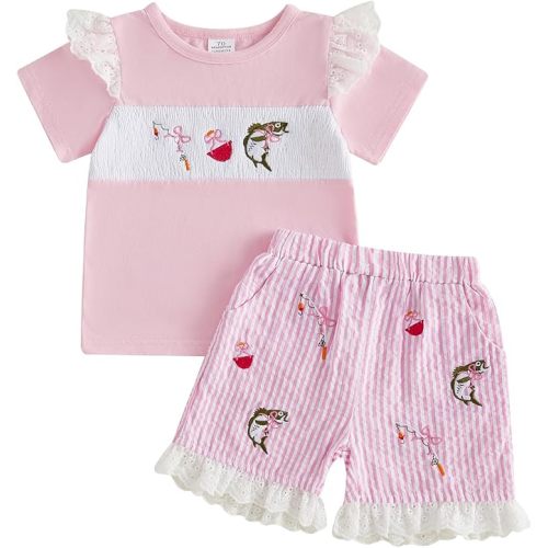 Toddler Baby Girl Outfit Fishing Theme Embroidery Short Sleeve Smocked Tops Stripe Lace Trim Shorts Set Summer Clothes 6-12 months