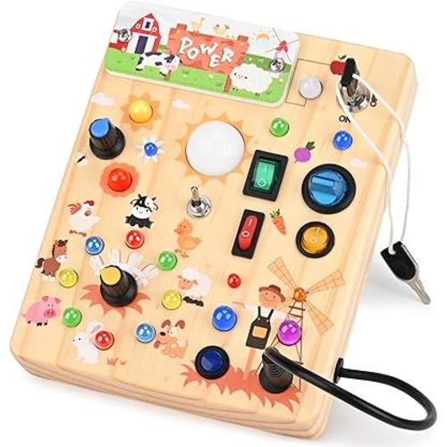 Busy Board for Toddlers 1-3 - Montessori Educational Sensory Toy with 10 Switches & 19 Lights, Activity Board for Fine Motor Skills, Travel Toys for 1+ Year Old Boy & Girl Birthday Gift（Farm Theme）