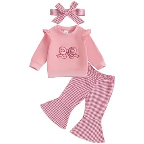 fhutpw Infant Baby Girl Fall Clothes Toddler Winter Outfits Ruffle Sleeve Sweatshirts Plaid Bell Bottom Pants Headband Set