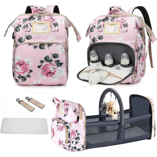 Diaper Bag Backpack with Changing Station, Foldable for Bady Toddler, 3 in 1 Large Capacity Newborn Essentials Organizer with Stroller Hook for Girls and Boys（Pink）