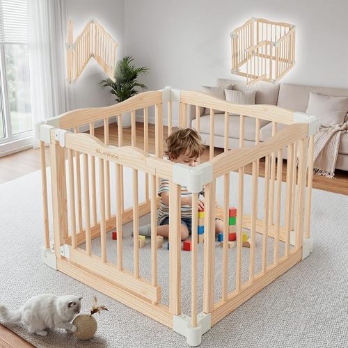 Foldable Wooden Playpen - Adjustable Wood Baby Play Yard with Door, Indoor Large Safety Fence for Babies and Toddlers - Easy Assembly, Natural, 55 x 30 x 24 inches