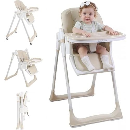 3-in-1 Baby High Chair with Wheels, 5-Point Harness, Tray, Footrest, and Backrest, Foldable and Adjustable for Toddlers 6-36 Months, Beige