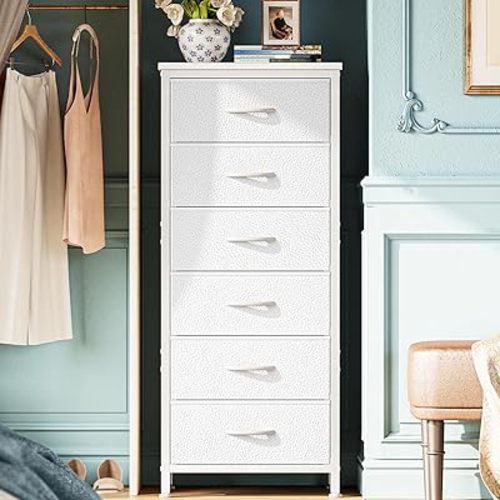 Huuger Tall Dresser for Bedroom, Stable 7 Drawer Dresser with Anti-Tip Device, PU Leather & Fabric Drawers, Tall Nightstand for Closet, Nursery, Storage Tower for College Dorm High Beds, White