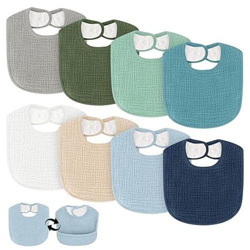 Drool Bibs for Baby Boys & Girls, 8 Pack Muslin Baby Bibs for Drooling and Teething with Hidden Pocket, Soft Cotton, Extra Absorbent, Mess-proof, for Toddler, Newborn, Infant