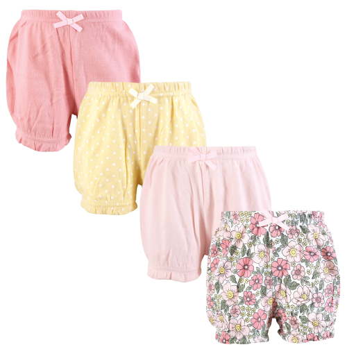 Hudson Baby Infant Girls Shorts Bottoms 4-Pack, Pink Yellow Pretty Floral, 12-18 Months