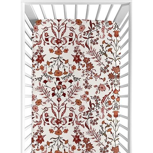 Sweet Jojo Designs Ivory and Orange Boho Vintage Floral Girl Baby Fitted Crib Sheet Infant Newborn Nursery Toddler Bed Room Standard Mattress Bohemian Rust Leaves Botanical Flower Green Fringe Tassel