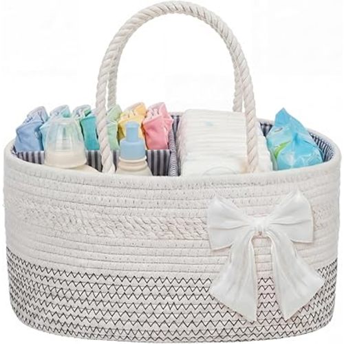 Diaper Caddy Organizer Large Cotton Rope Baby Basket with Removable Divider Portable Nursery Storage for Diapers & Wipes Changing Table Organizer for Newborn Baby Shower Supplies