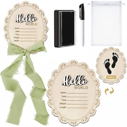 Threehoney Baby Announcement Sign 7 Inch Double Sided Wooden Hello World Newborn Engraved Sign with Organza Bag Marker Pen Ink Pad Ribbon Bow for Baby Shower Hand Footprint Photo Prop(Gray Green Bow)