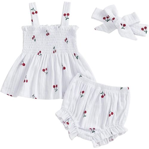Infant Girl Clothes Baby Outfits Sleeveless Strap Dress Tops Bloomer Shorts Bow Headband 3Pcs Summer