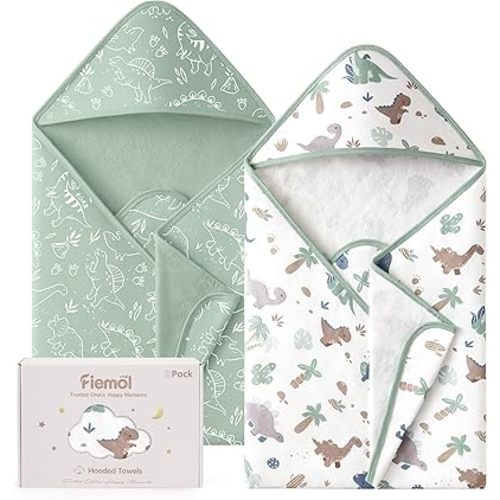 Hooded Baby Towels for Newborn,100% Cotton Baby Bath Towels with Hood for Infant Toddler Boy Girl, 2 Pack 32x32 Inch Soft & Absorbent Knit Terry Bath Essentials Green Dinosaur